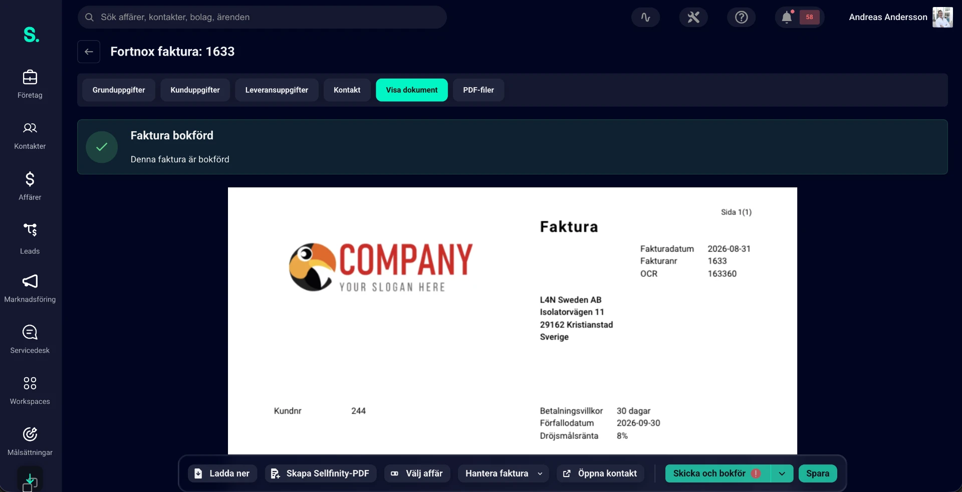 Ordrar och fakturor från Fortnox visade i Sellfinity CRM