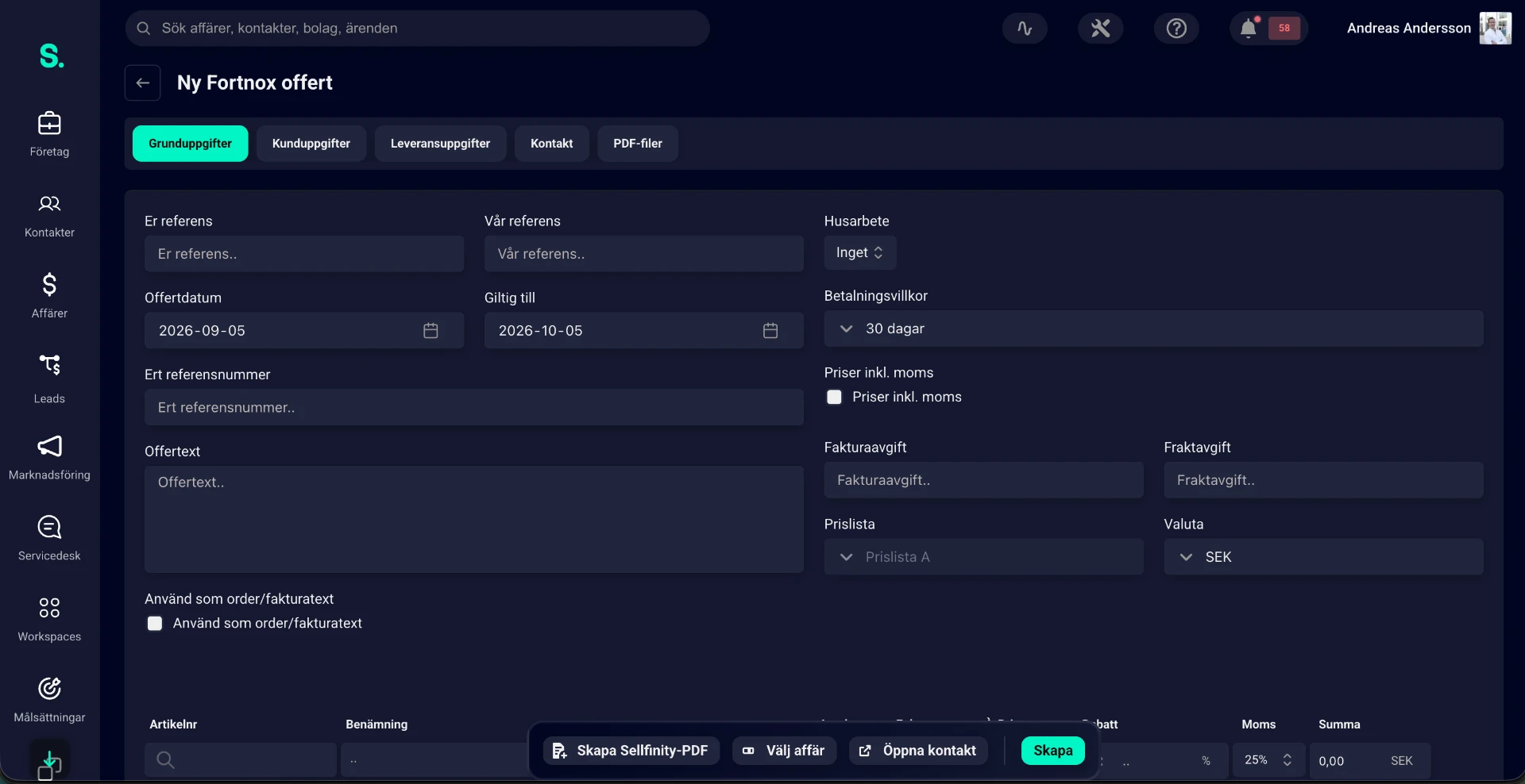 Ny Fortnox-offert skapad direkt i Sellfinity CRM
