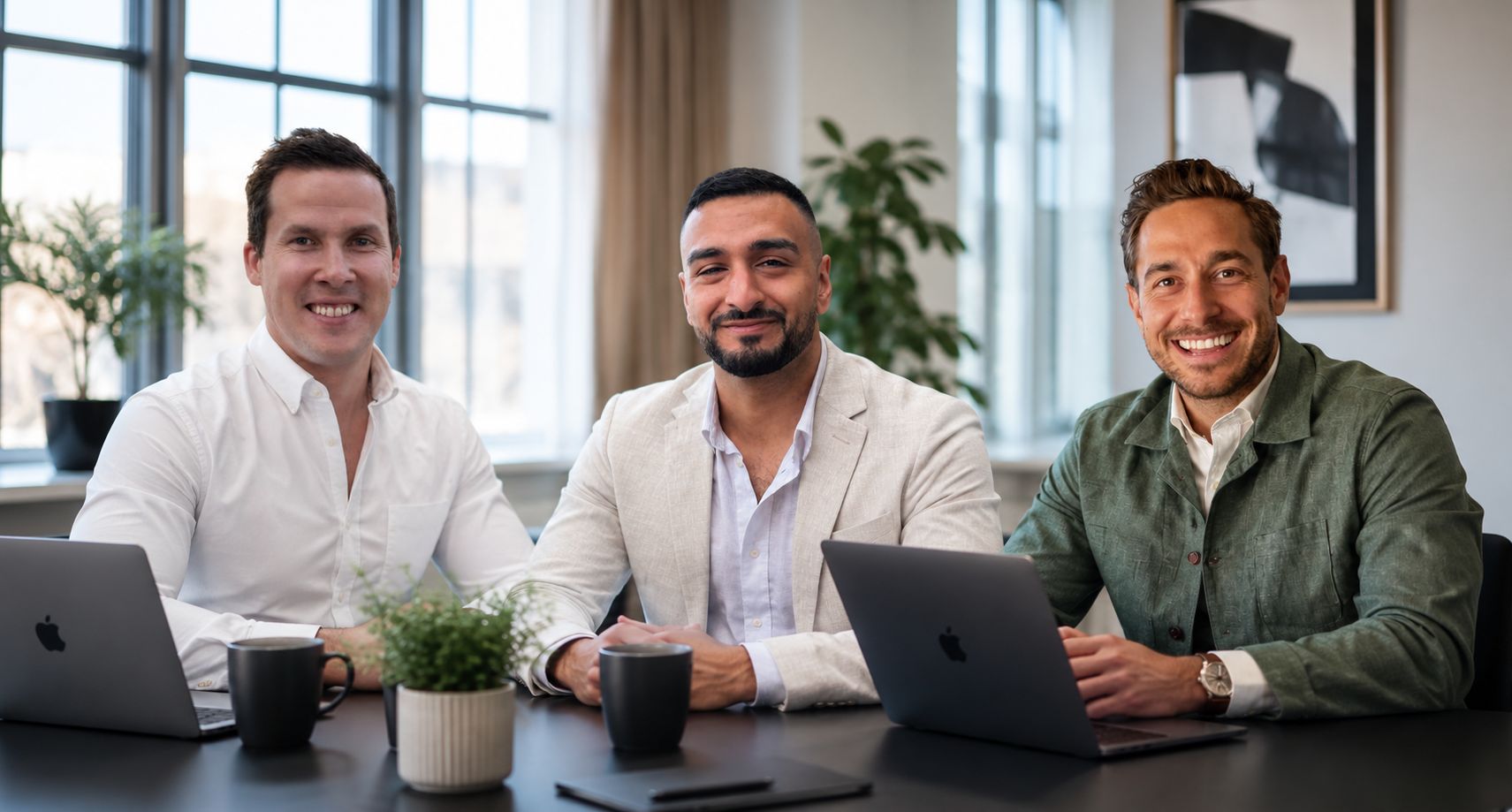 Säljteamet på Sellfinity sitter tillsammans vid ett bord med laptops i ett ljust kontor
