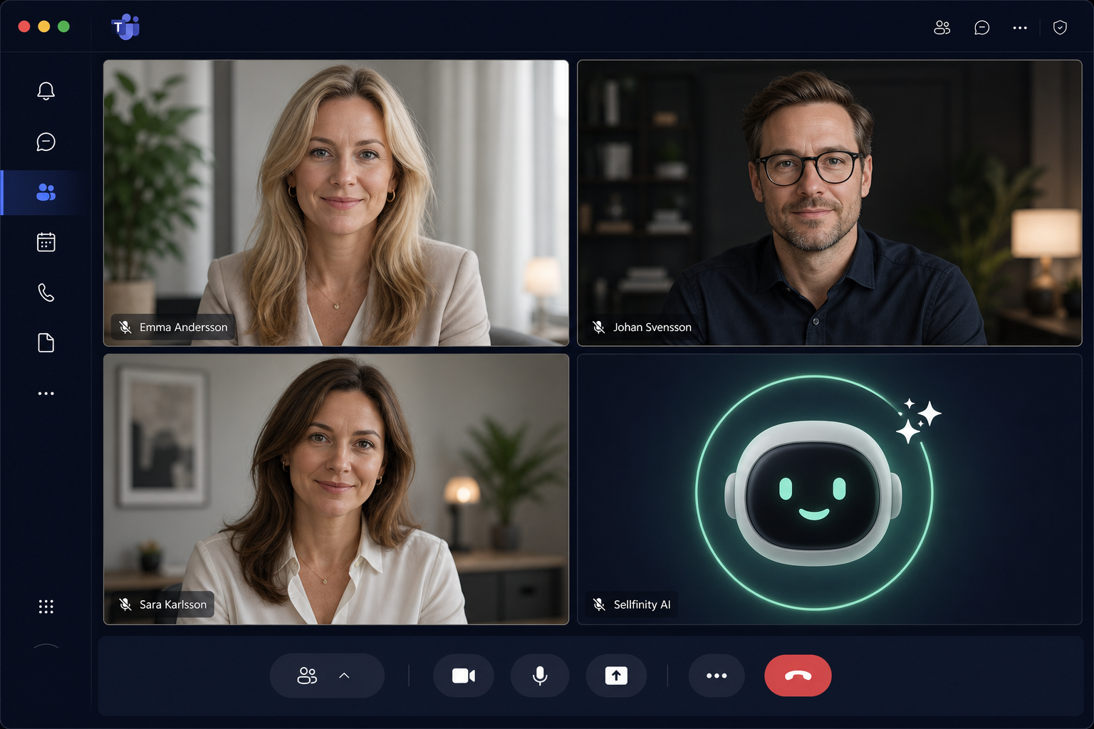 Ett Teams-möte med tre personer och Sellfinitys AI-mötesassistent som deltagare.