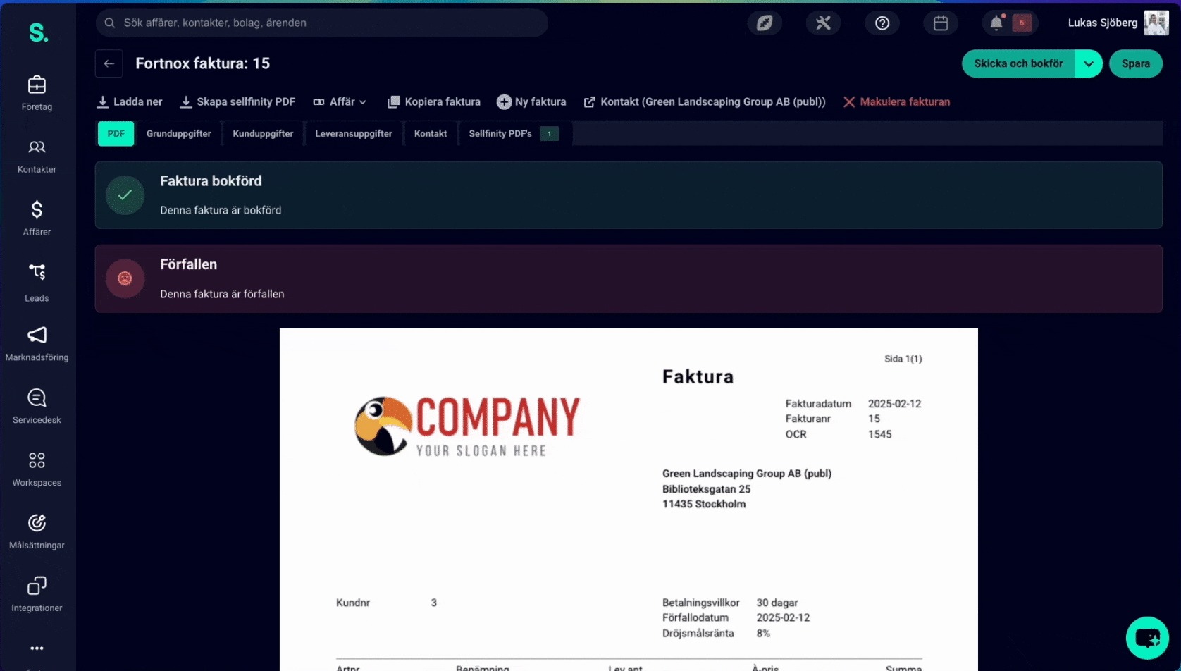 Fakturavy i Sellfinity med Fortnox-synkroniserad faktura och status