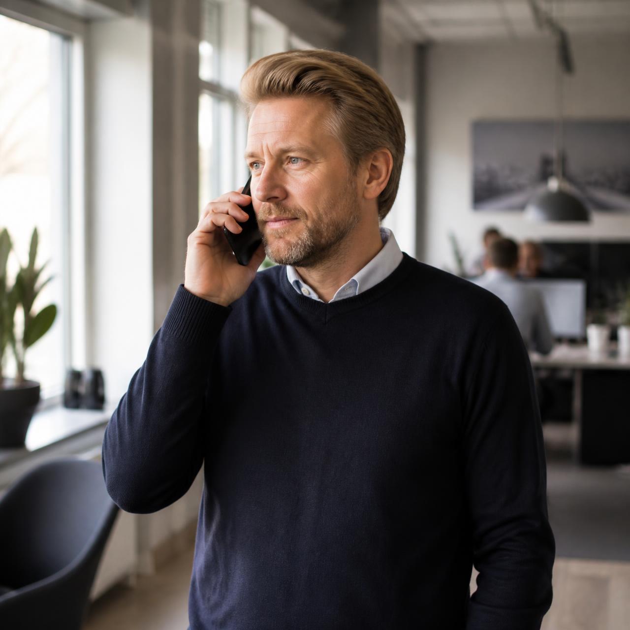 Säljare i ett svenskt kontor som pratar med en kund i telefon