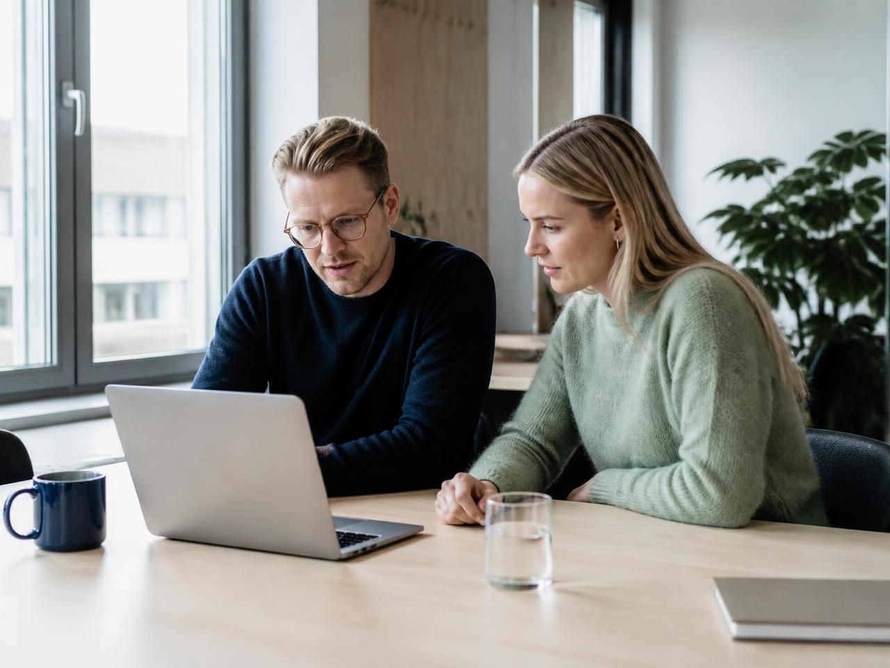 Två kollegor som går igenom kunddata tillsammans på ett svenskt kontor